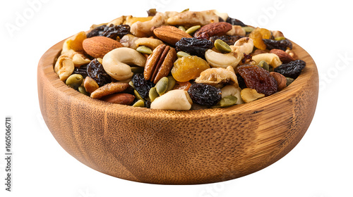 Fototapeta Naklejka Na Ścianę i Meble -  Bamboo bowl full with dried fruits on white background 