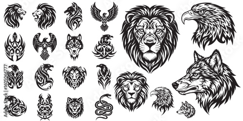Collection of tribal tattoo designs featuring majestic animals like lions eagles wolves and snakes in black and white