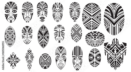 Collection of diverse tribal masks and abstract patterns in black and white showcasing intricate geometric designs and cultural motifs