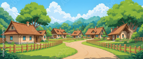 Colorful Traditional Village 2D Village Cartoon Background with Trees and Fences