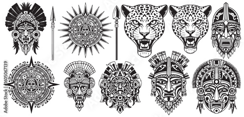 Collection of tribal masks and fierce jaguar heads in black and white tattoo style illustration