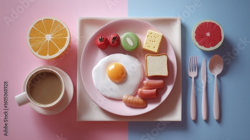 Creative Flat-Lay Breakfast Featuring a Unique 3D Element
