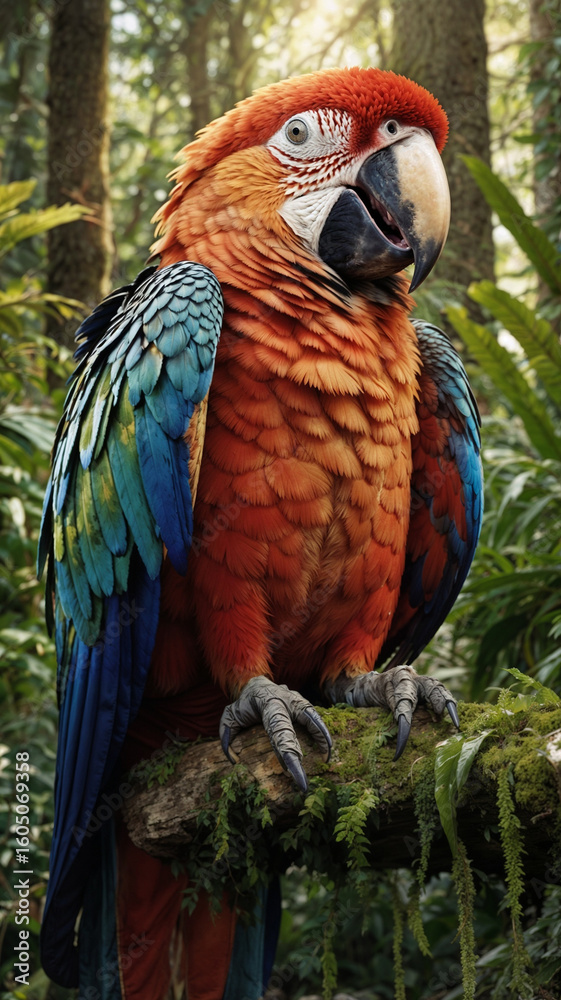 Fototapeta premium A vibrant scarlet macaw perched on a branch in a lush green forest. The bird displays bright red, blue, and green feathers