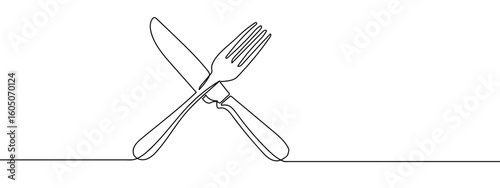Continuous hand drawn line, crossed fork and knife. Simple art lines, vector on transparent background, editable strokes.