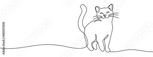 Continuous hand drawn line of a smiling cat. Simple art lines, vector on transparent background, editable strokes.