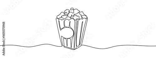 Popcorn Bucket Continuous Line Movie Simple art lines, vector on transparent background, editable strokes.