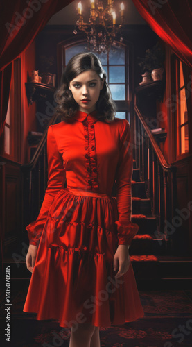 Elegant woman in a vintage red dress standing in an ornate hallway with luxurious decor and moody lighting