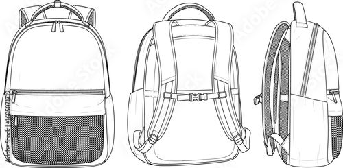 CAD drawing flat vector illustration of backpack design, front back side view, technical sketch, adjustable straps, travel bag blueprint