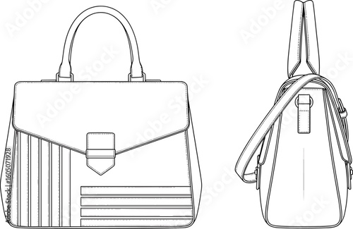 CAD drawing flat vector illustration of elegant women handbag with top handle, shoulder strap, front view, side view, modern design