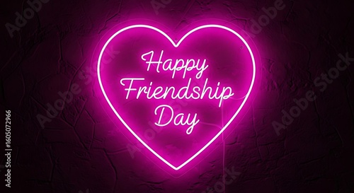 A pink neon heart sign displaying happy friendship day on a dark textured background wall indoors