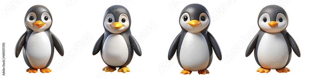 Fototapeta premium Set for Four adorable cartoon penguin characters standing in a row on a transparent background
