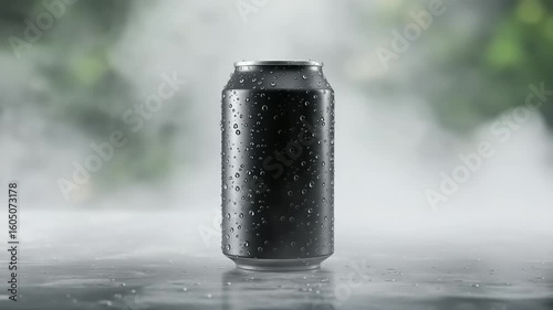 Black soda can with water droplets in rain