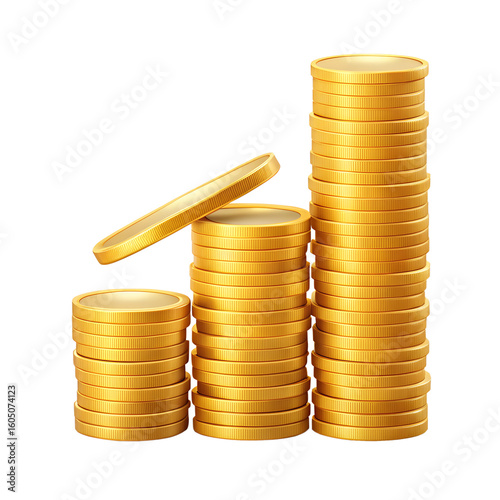 Increasing stacked golden coins isolated on transparent background