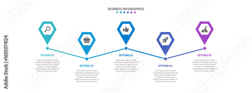 Progress bar featuring 5 arrow-shaped elements, symbolizing the five stages of business strategy and progression. Clean timeline infographic design template. Vector for mobile presentation.