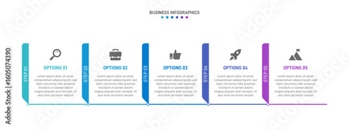 Progress bar featuring 5 arrow-shaped elements, symbolizing the five stages of business strategy and progression. Clean timeline infographic design template. Vector for mobile presentation.