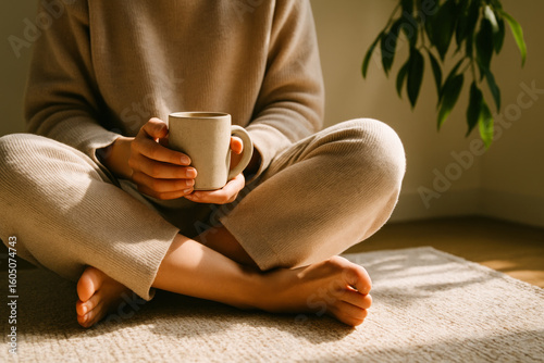 Person sitting cross-legged in sunlight holding a coffee mug, capturing cozy minimalism, mindfulness, and slow living in modern coffee culture.
