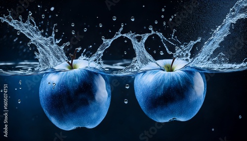 blue apples splashing in water create a striking visual against a dark background