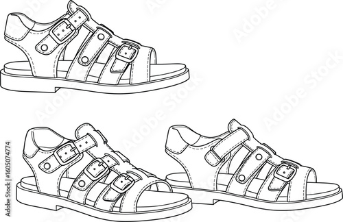 CAD drawing flat vector illustration of stylish summer sandals, front and side view, detailed footwear sketch, sole pattern, fashion blueprint