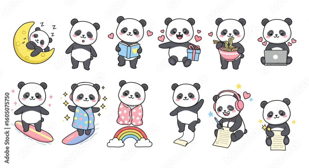 Obraz premium Set sticker of adorable kawaii chibi panda characters 