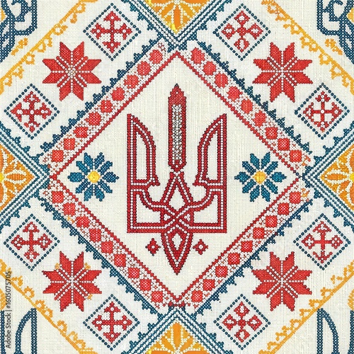 Ukrainian Vyshyvanka Ornament with Trident Emblem.