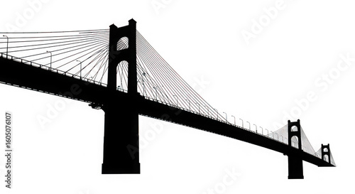 Striking silhouette of a suspension bridge against a white backdrop highlighting its architectural design and engineering marvel isolated on transparent background
