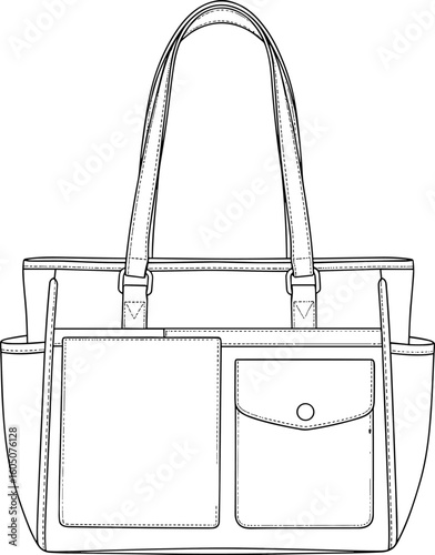 CAD drawing flat vector illustration of tote bag design, front and side view, dual pocket layout, fashion accessory blueprint sketch