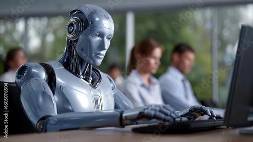 AI replacing humans in office work – humanoid robot using computer next to human employees