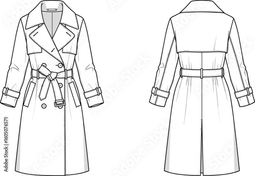 CAD drawing flat vector illustration of trench coat, front and back view, double-breasted outerwear, fashion design blueprint, clothing sketch