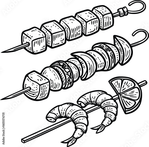 "Grilled Skewers with Shrimp, Meat, Vegetables and Lemon – Vintage Style Black and White Vector Illustration"