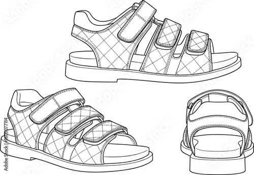 CAD drawing flat vector illustration of Velcro strap sandals, detailed footwear sketch, fashion design blueprint, front and side view layout