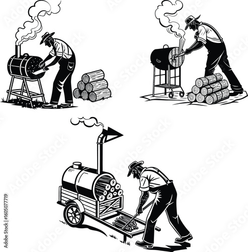 "Black and White Vintage Illustrations of Men Grilling with Smoker Barbecues and Firewood – Outdoor Cooking and BBQ Scene Sketch Set"