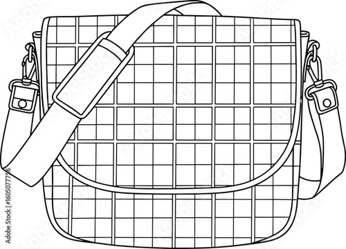 CAD drawing of modern messenger bag with strap, clean outline vector, technical sketch, fashion accessory blueprint design for stock.