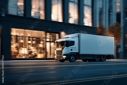 White delivery truck driving on urban street at night in front of modern glass building.