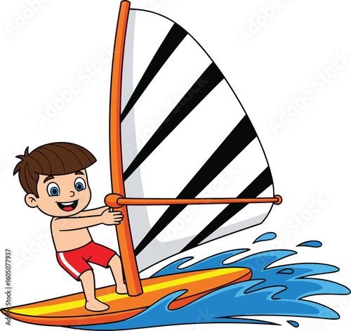 Cartoon boy windsurfing, kid on surfboard, ocean activity, water sport fun, summer adventure, flat vector, waves, smiling child