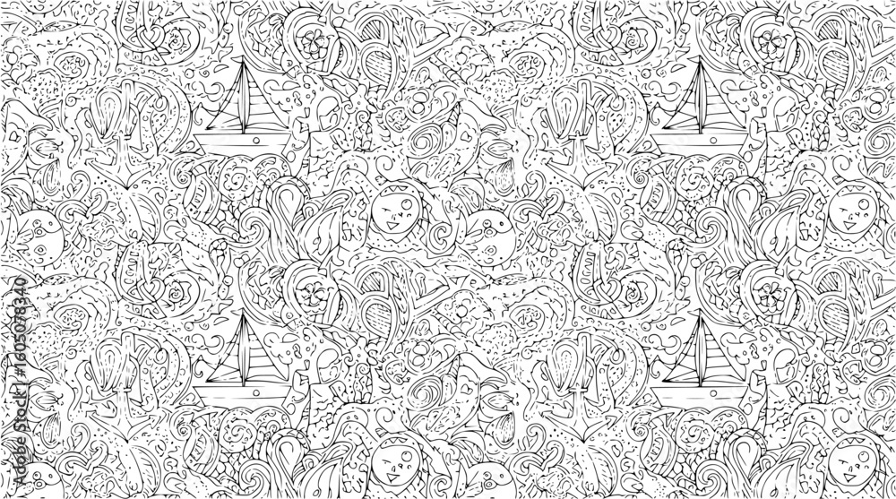 Obraz premium Intricate line drawing of multiple sailboats navigating through a textured sea with waves and abstract patterns