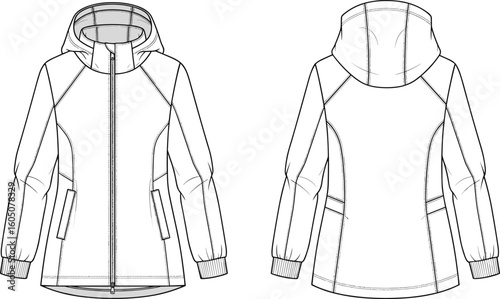 CAD drawing of women’s hooded jacket, technical flat sketch, fashion vector illustration, outerwear front and back view for stock