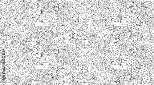 Intricate line drawing of multiple sailboats navigating through a textured sea with waves and abstract patterns