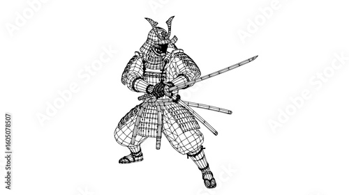 Samurai warrior in traditional armor with swords, isolated on white background
