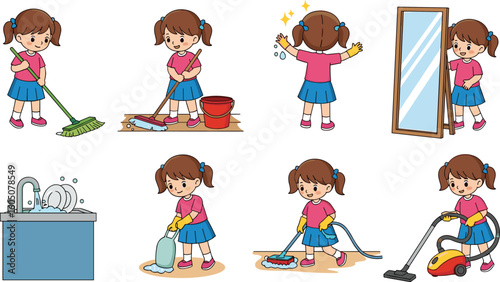Cartoon girl cleaning house, daily chores, washing dishes, vacuuming, mopping floor, kids doing housework, hygiene, responsibility, flat vector illustration