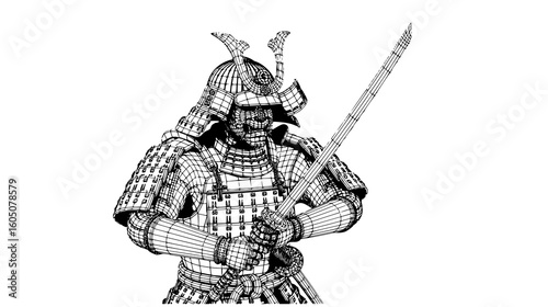 Samurai warrior in traditional armor holding a katana sword, isolated on white background