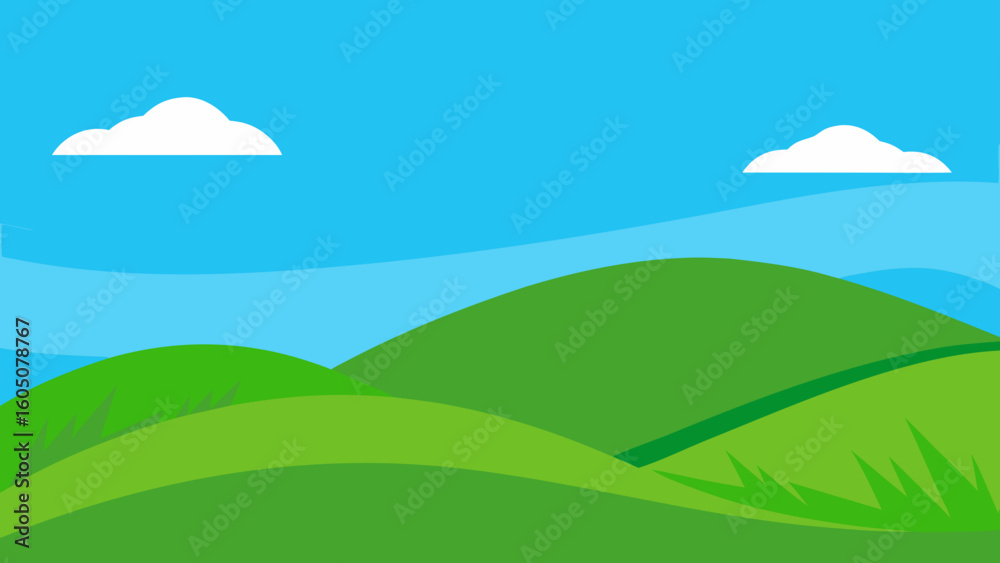 Fototapeta premium Grass Covered Hills Under Blue Sky Vector Illustration
