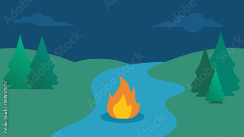 Cozy Campfire Near Quiet Stream Vector Illustration