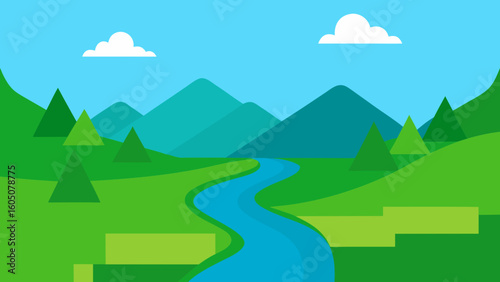 Green Valley with Water Stream Vector Illustration