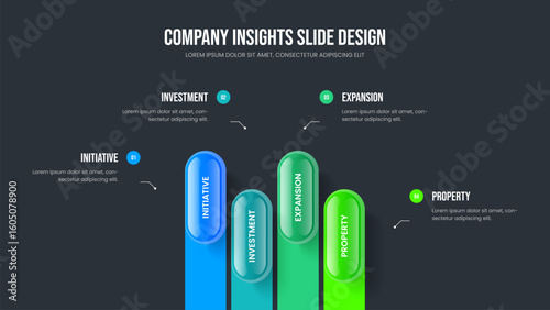 Financial Growth 4 Step Infographic Slide Template. Market Analysis Frame Design Vector Illustration. Advertising Solution Four Element Diagram Presentation Layout.