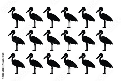 A collection of ten silhouetted black birds standing alertly on an invisible perch against a white background