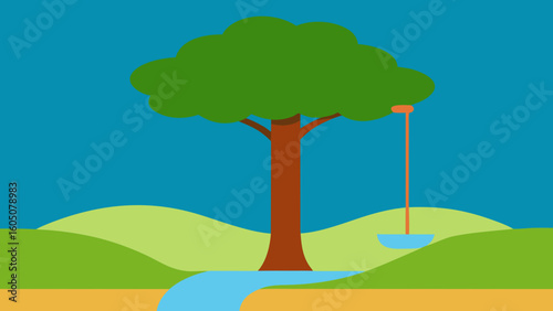 Swing on Tall Tree Over Stream Vector Illustration