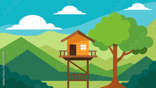 Treehouse with Valley Overlook View Vector Illustration