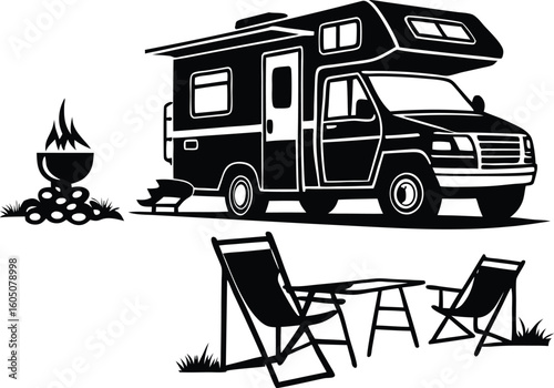 Camper Van Camping Scene Silhouette – RV Motorhome with Campfire, Chairs and Table in Outdoor Adventure Vector Illustration