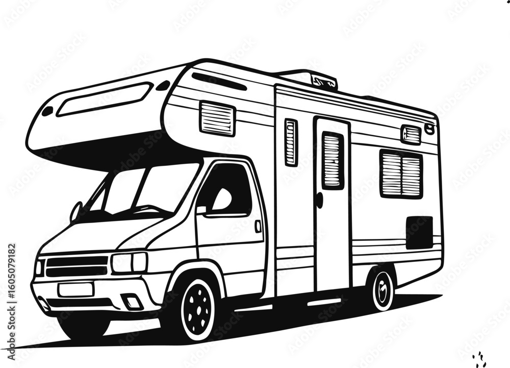 Naklejka premium Camper Van and Person Camping Silhouette – Outdoor Travel Scene with Table, Chairs and Adventure Van Vector Illustration