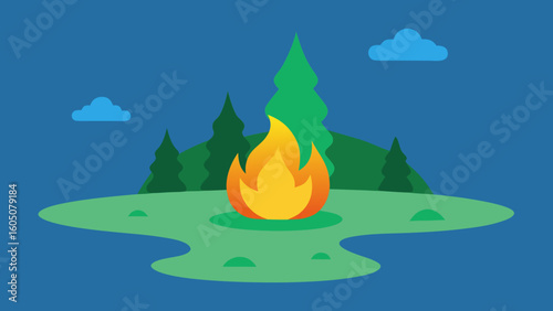 Cozy Campfire Near Quiet Stream Vector Illustration